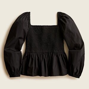 J. Crew Puff Sleeve Smocked Cotton Poplin Top in Black